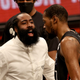 An injured James Harden (l.) and Kevin Durant